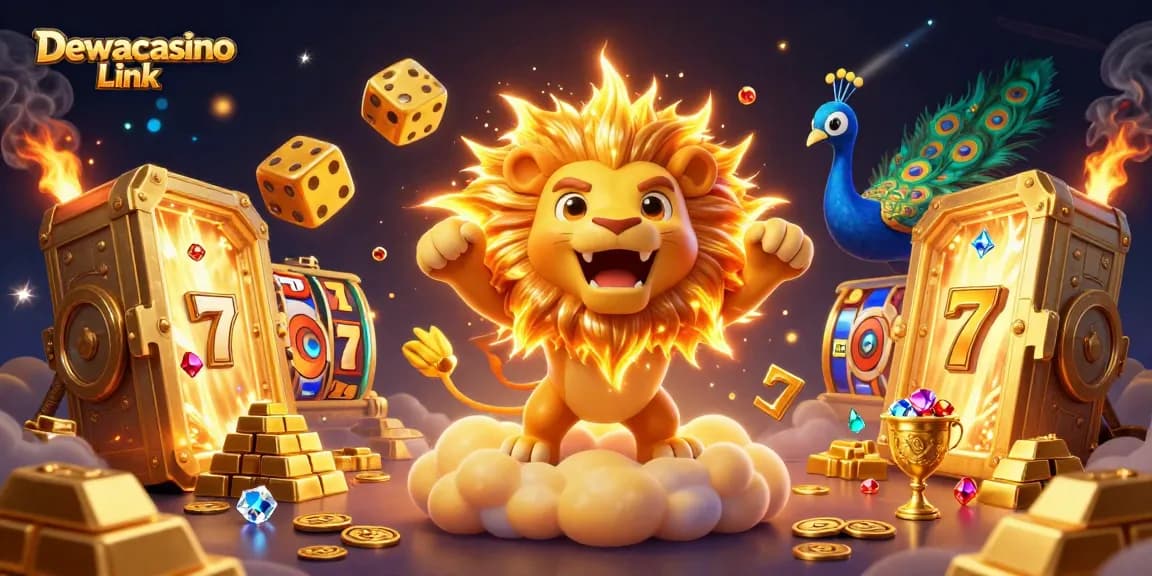 Experience thrilling slots at Dewacasino Link with a vibrant display of gaming elements and golden treasures.