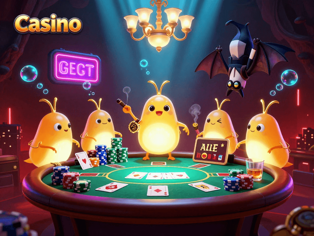 Engaging casino scene with glowing worms and a bat dealer captivating players at a poker table.