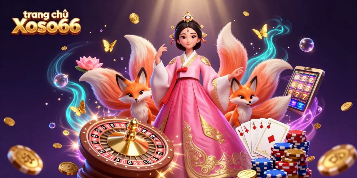 Engage in thrilling games at trang chủ Xoso66 with floating gold, vibrant colors, and animated casino elements.