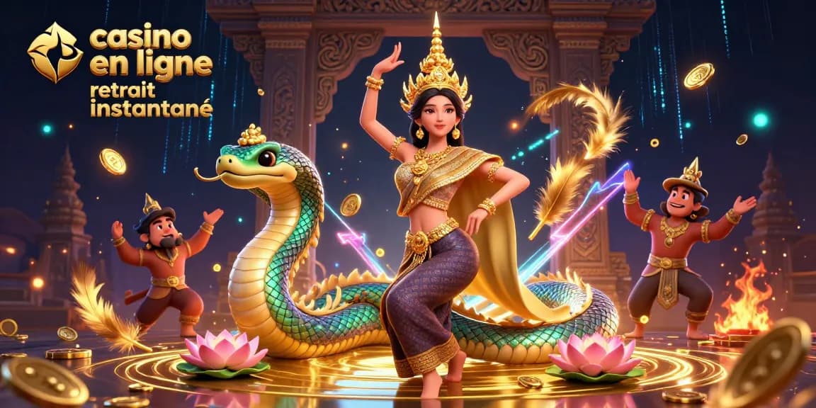 Participez à l'excitation du casino en ligne retrait instantané illustré par une danseuse thaïlandaise et le serpent Naga.