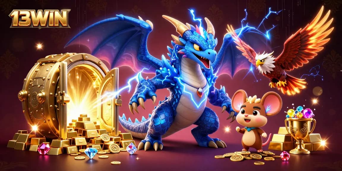 Experience thrilling wins with 13WIN in an electric 3D casino adventure showcasing mythical characters.