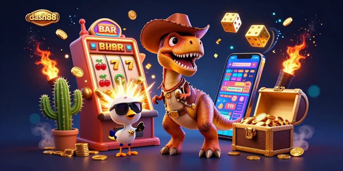 Experience excitement with dash88 as cartoon characters celebrate a jackpot in vivid casino action.