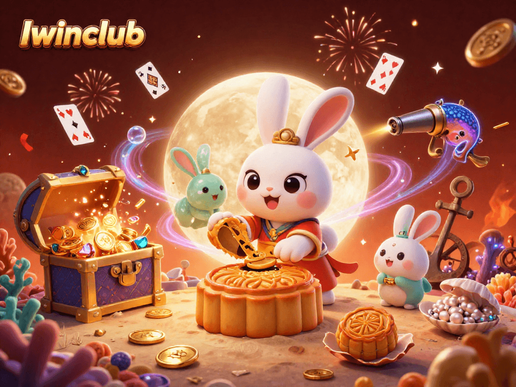 Iwinclub showcases a vibrant casino scene with a moon rabbit and treasures, ideal for gamblers.