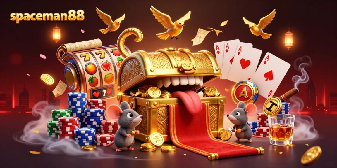 Experience the thrill of spaceman88 with unique slot reels and golden symbols in a vibrant casino scene.