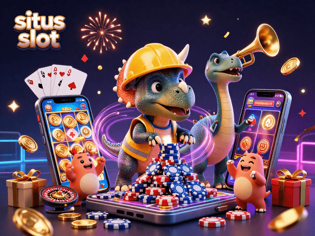 Rasakan kemeriahan situs slot dengan triceratops membangun piramid chip poker dan perayaan parasaurolophus di latar belakang