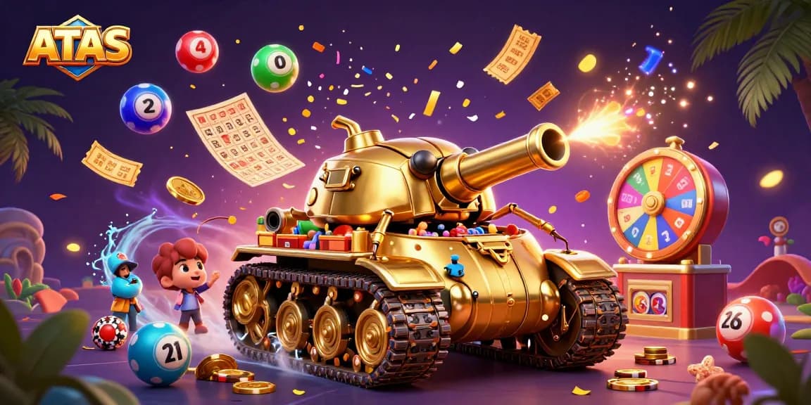 Play ATAS casino games in an exciting 3D scene with confetti and numbered lottery balls.