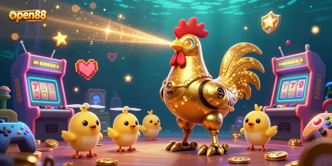 Join the action at open88 with a vibrant gaming scene featuring a golden rooster robot and baby chick drones amidst sparkling arcade elements.
