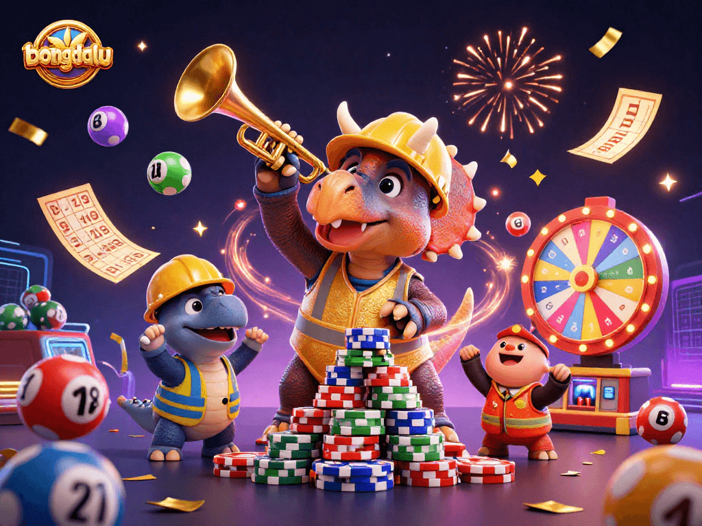 Join the excitement at bongdalu as colorful lottery balls bounce around a vibrant casino scene.