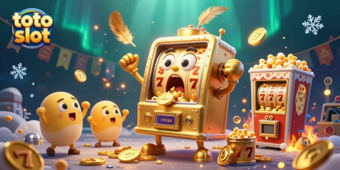 The jubilant scene of a golden slot machine winning a jackpot, showcasing the excitement of playing toto slot games.