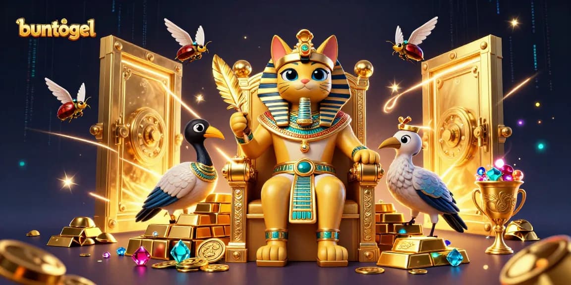 Experience the thrill of winning at Buntogel with an Egyptian pharaoh cat in a jewel-filled casino.
