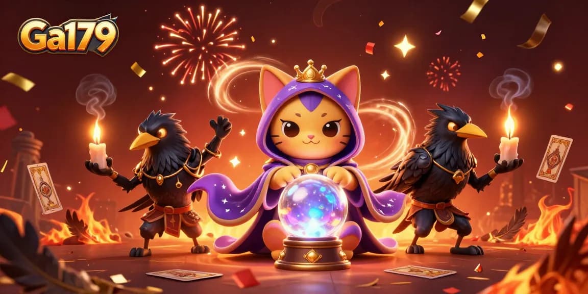 Exciting Ga179 cockfighting action scene with mystical characters and vibrant casino elements.