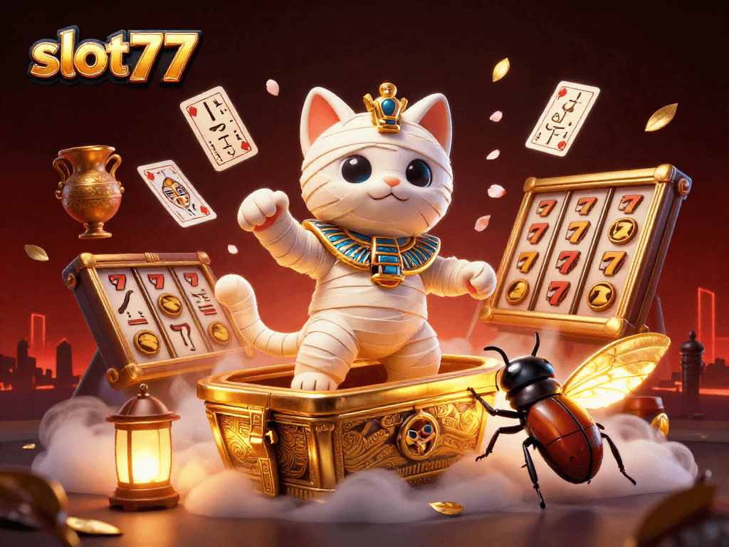 Menghasilkan jackpot besar di slot777 dengan karakter kucing mumi dan elemen kasino yang menggoda.
