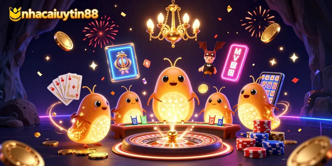 Play games at nhacaiuytin88 with vibrant glowworms glowing in a casino.