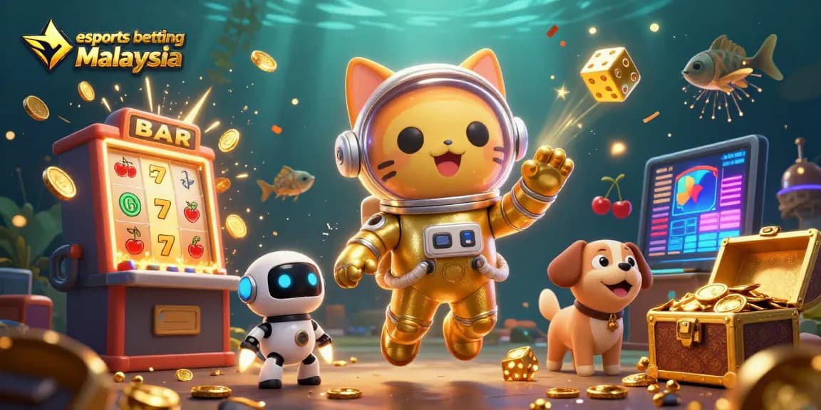 Engage in esports betting Malaysia with a vibrant 3D illustration featuring an astronaut cat, jackpot elements, and dynamic gaming symbols.