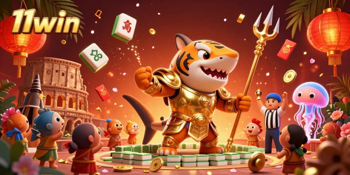 Join the vibrant 11win adventure with a dynamic tiger shark and colorful casino elements in action.