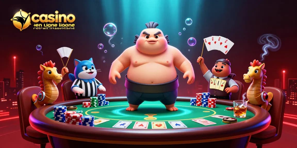 Visualisez l'action de retrait instantané au casino en ligne avec des personnages de fugu et de hippocampe engagés dans un poker ludique.