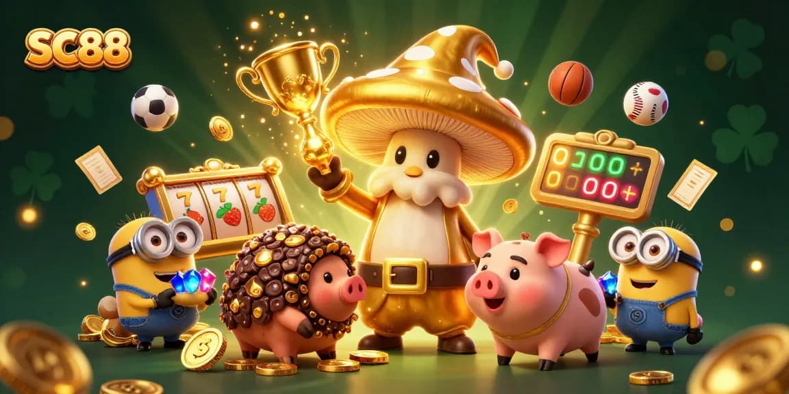 Experience SC88 with immersive 3D casino elements featuring a magical mushroom wizard and treasure.