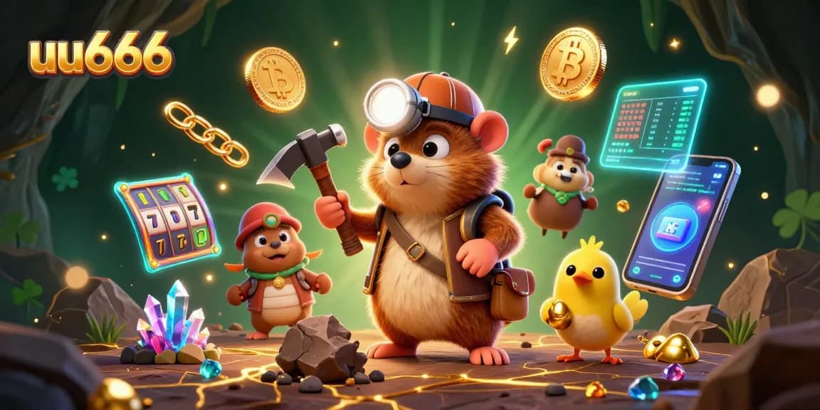 Engage with the exciting adventures of uu666 in a 3D treasure mining scene filled with glowing coins and jackpot elements.