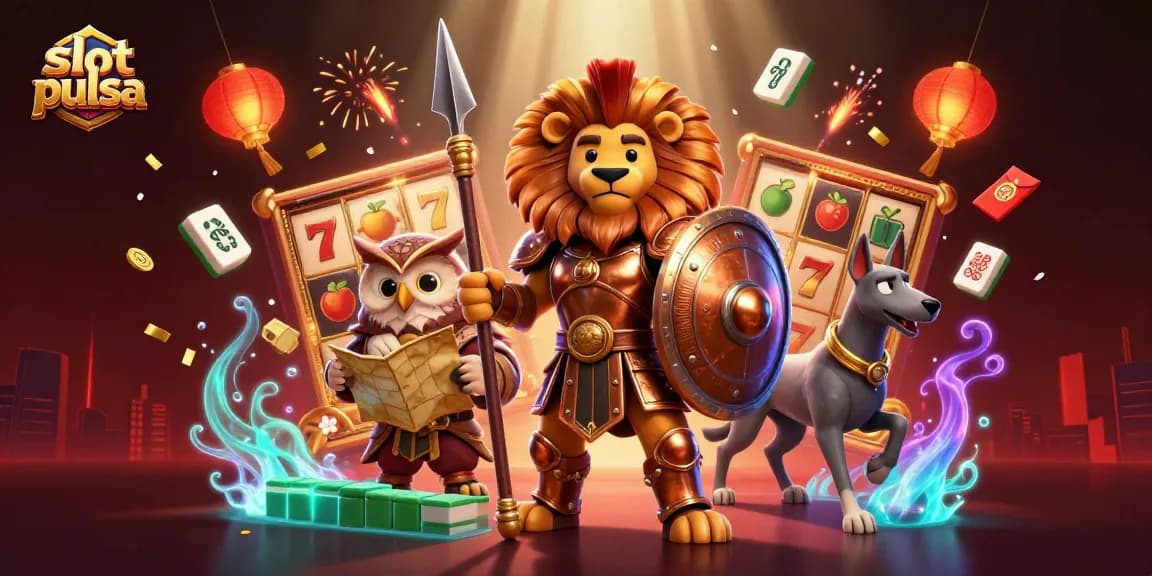 Engage with slot pulsa excitement, seeing a Spartan lion and owl strategist amidst vibrant casino elements.