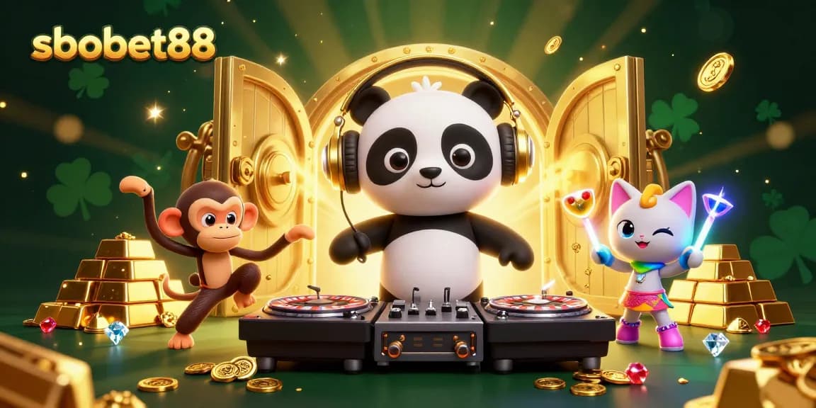 Experience sbobet88 with vibrant 3D scene of a DJ panda spinning at a casino party.