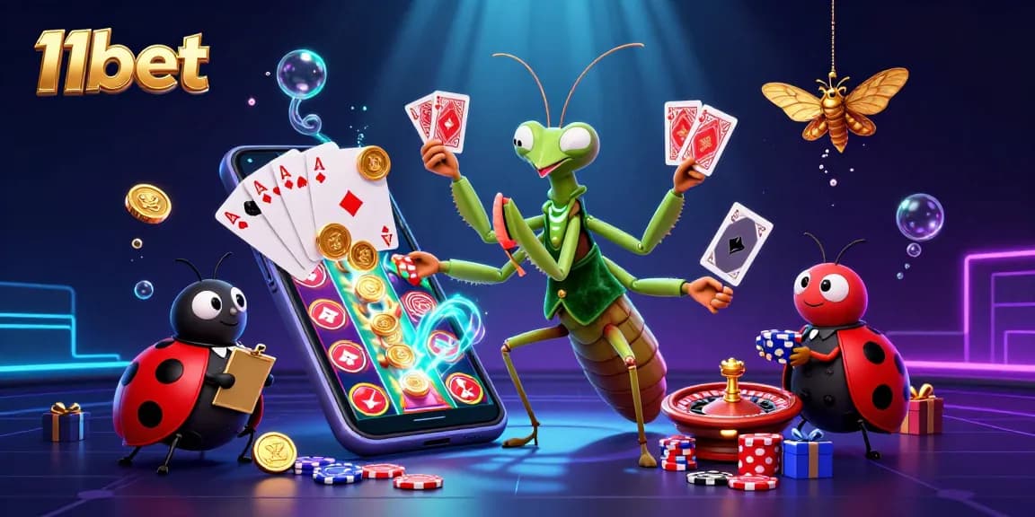 11bet captivatingly showcases a giant praying mantis card sharp orchestrating games amidst vibrant casino elements.