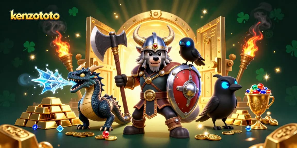 Experience kenzototo's thrilling online gaming with Viking warriors and treasures in an epic casino scene.
