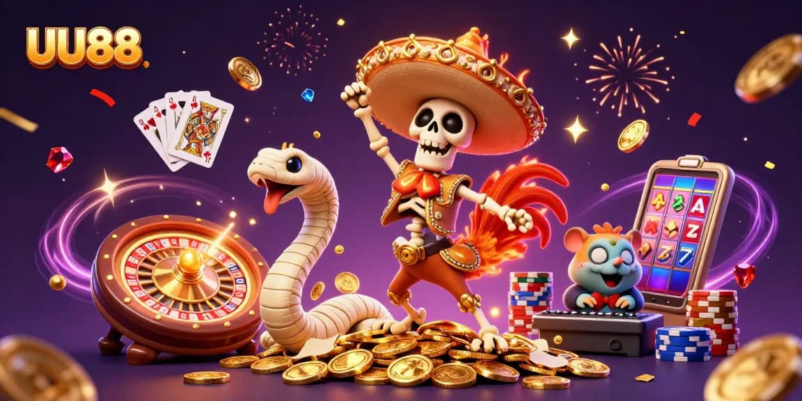 Experience exciting gameplay with UU88 as a mariachi rooster celebrates amidst casino features.