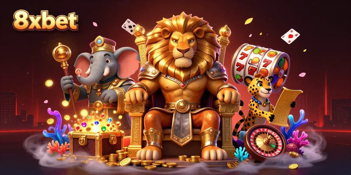 Experience thrilling games at 8xbet with a powerful lion king and gold treasures in an exciting casino environment.