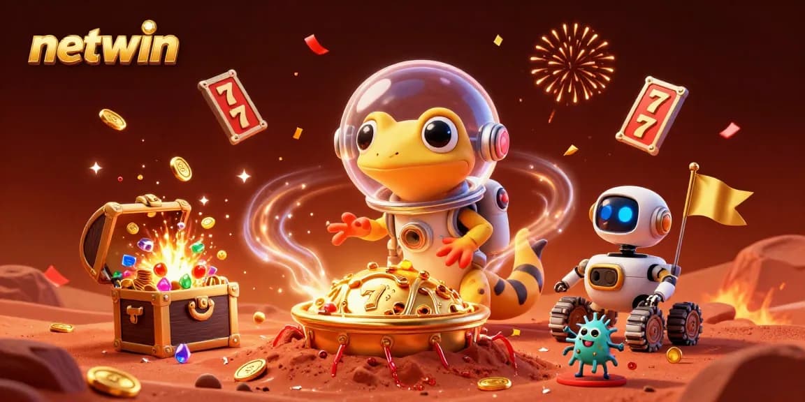 Experience the thrill of netwin with a Martian gecko exploring a hidden casino in vivid colors.