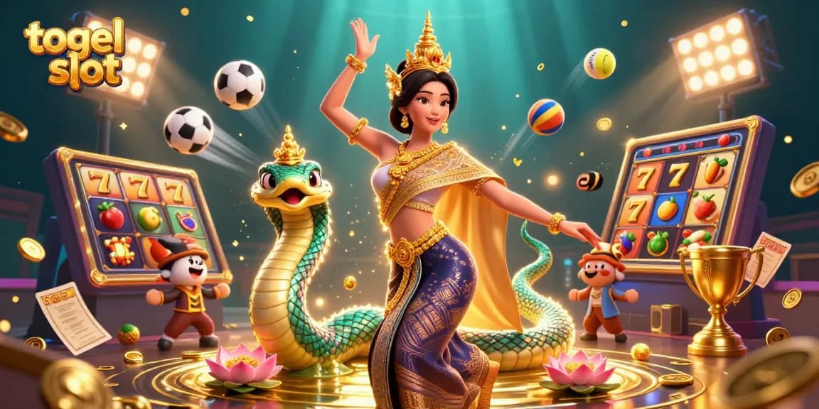 Togel slot gaming scene with vibrant characters, slot machine elements, and dynamic sports elements in 3D.