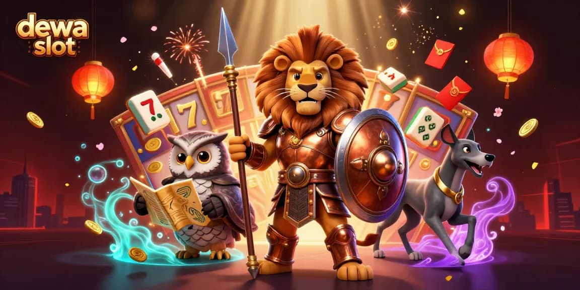 Engage in dewa slot gameplay featuring a lion, owl, and greyhound amidst vibrant casino elements.