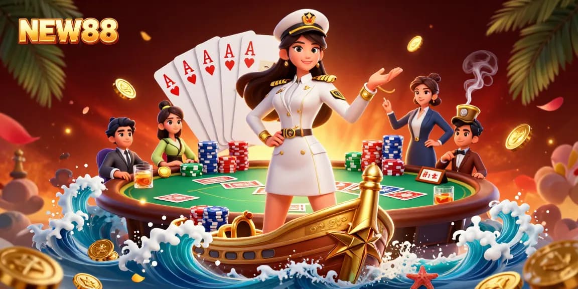 Experience thrilling poker moments with NEW88 and vibrant casino elements in a stunning 3D illustration.