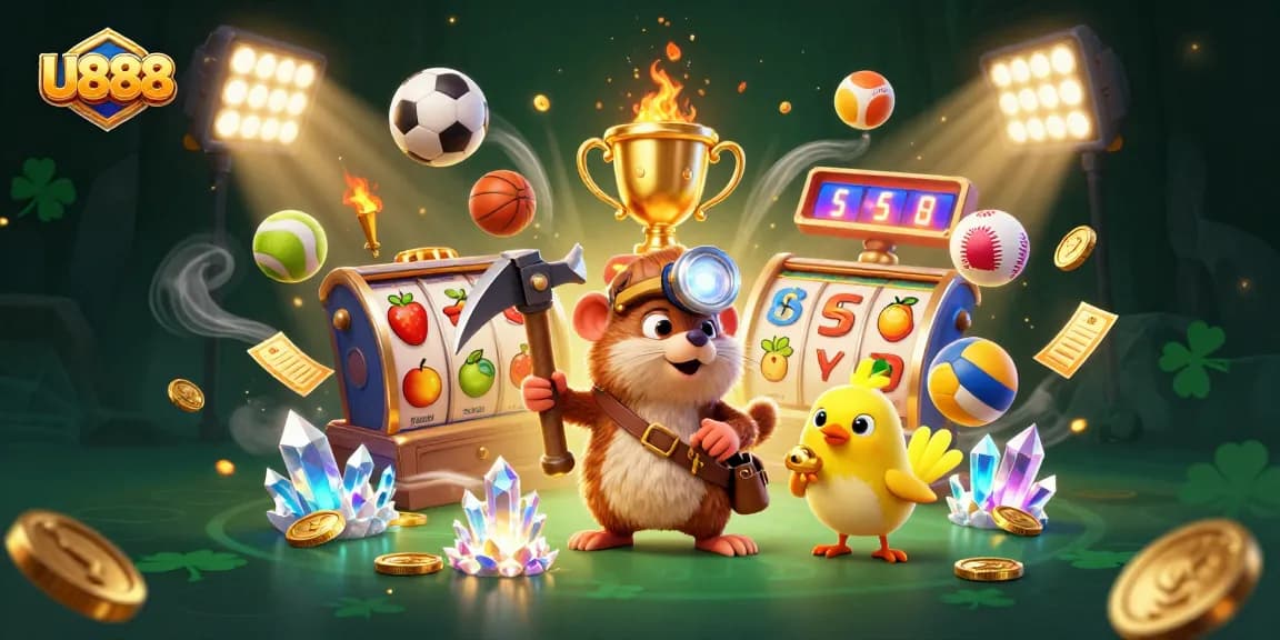 Engage with U888's thrilling casino experience through vibrant slot reels and sports elements.