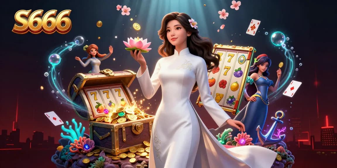 S666 gaming action with elegant Asian woman surrounded by slot reels, vibrant gems, and rich underwater treasures