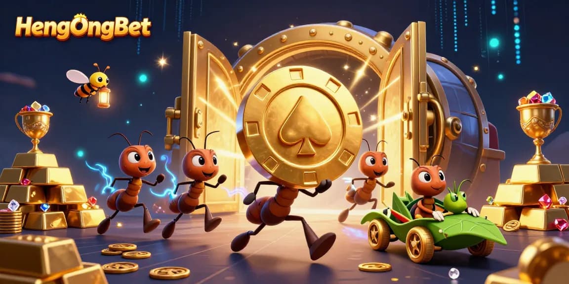 HengOngBet showcases a thrilling scene of ants heisting a giant poker chip in a vibrant casino setting.