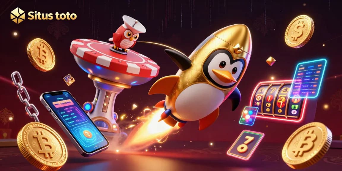 Situs toto offers thrilling gameplay with a space-themed casino adventure featuring a golden penguin and neon crypto elements.