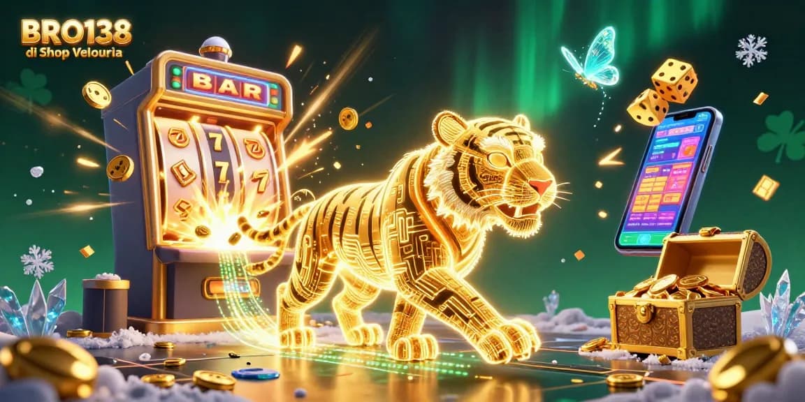BRO138 di Shop Velouria showcases an exciting scene with a golden tiger and slot machine in a vibrant casino.