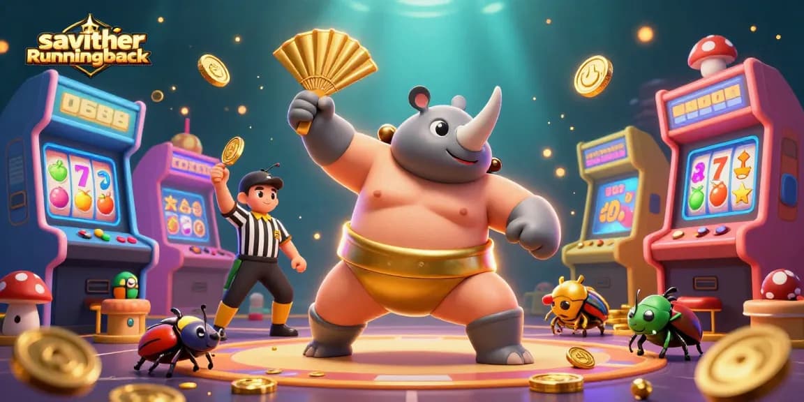 Savetherunningback menghidupkan suasana dengan simbol permainan slot yang cerah dan keajaiban ekonomi, saat koin emas berterbangan.