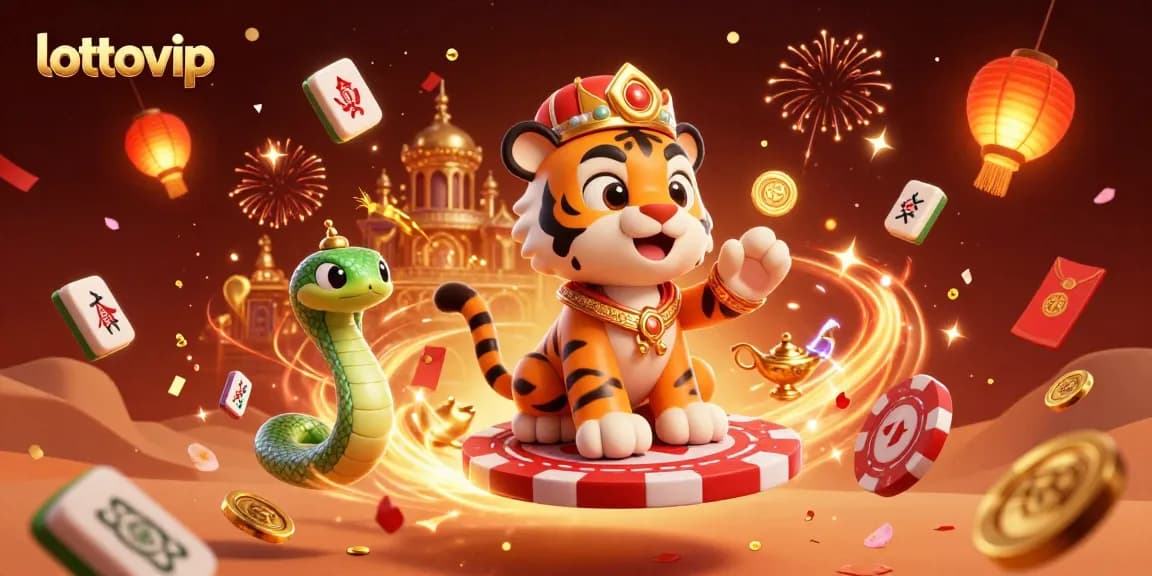 Memanfaatkan kesempatan menang dengan lottovip, ilustrasi 3D bergaya menampilkan karakter dan elemen perjudian yang meriah.