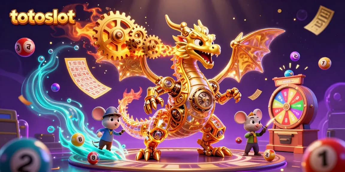 Engage with the thrilling world of gambling at totoslot featuring a golden dragon amidst colorful lottery elements.