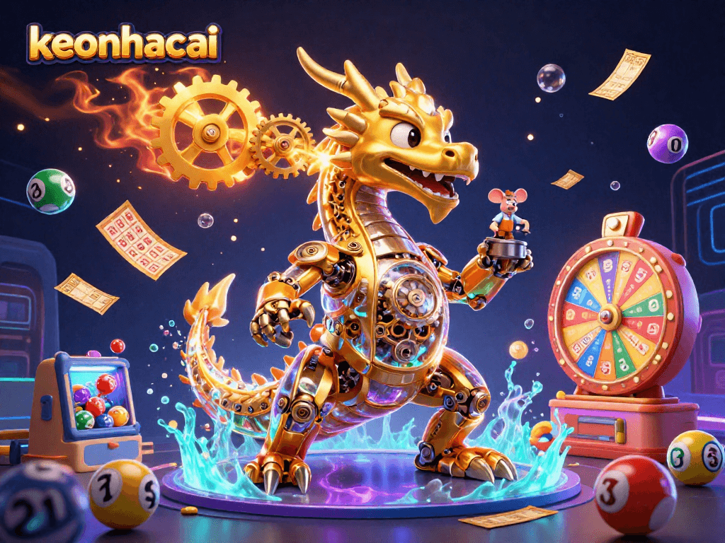 Engage with keonhacai in a vibrant illustration showcasing dynamic lottery themes with a golden dragon.