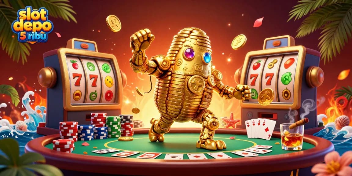 Experience the excitement of slot depo 5 ribu with vibrant casino elements where a golden golem celebrates big wins.