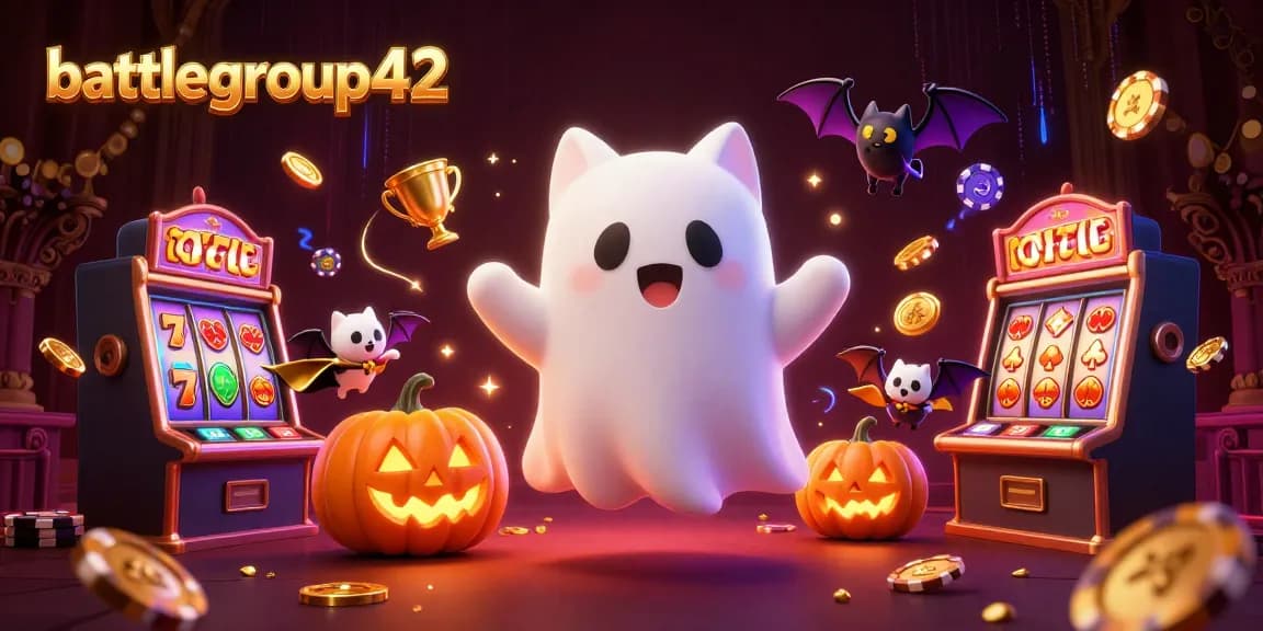 battlegroup42 showcases a ghost cat in a floating haunted casino scene, surrounded by slot symbols and glowing elements.