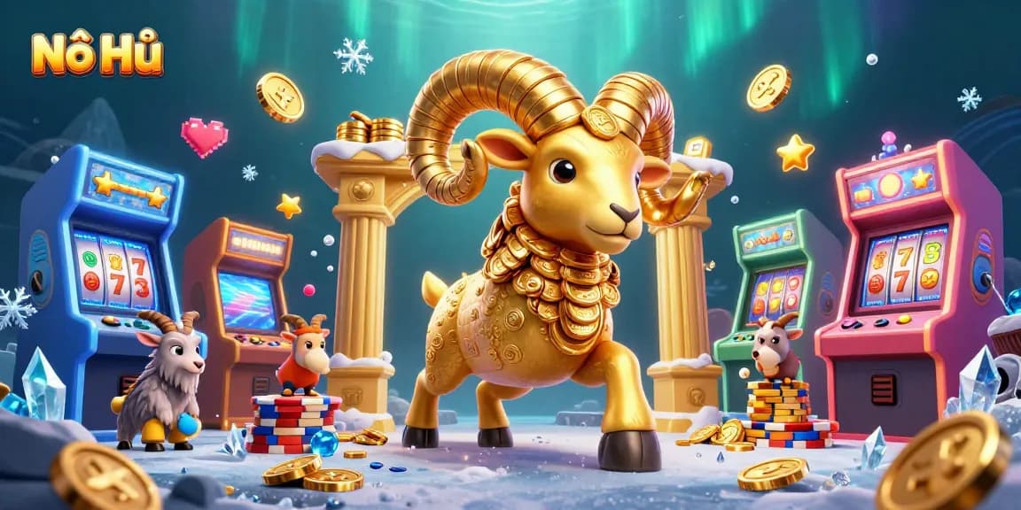 Engage with Nổ Hũ in a vibrant casino scene featuring golden ram and arcade games.