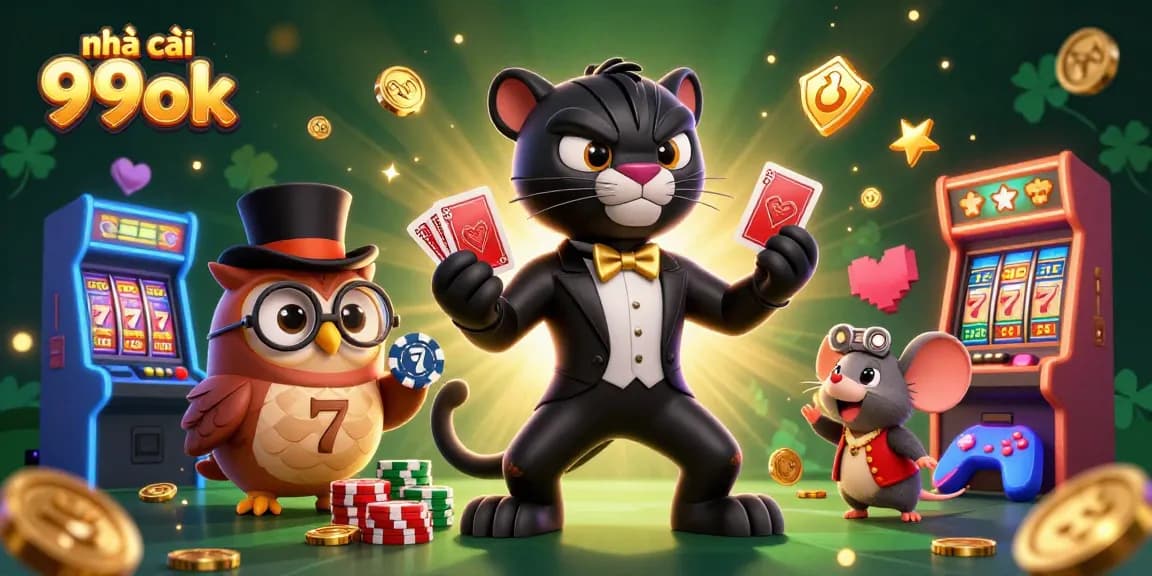 Experience thrills at nhà cái 99ok with engaging slot reels and lively characters in a vibrant casino setting.