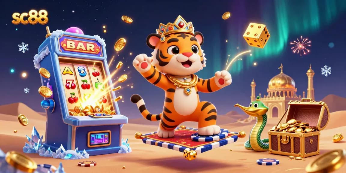 Spin to win with sc88 in an extravagant desert-themed 3D casino scene filled with jackpots and treasures.