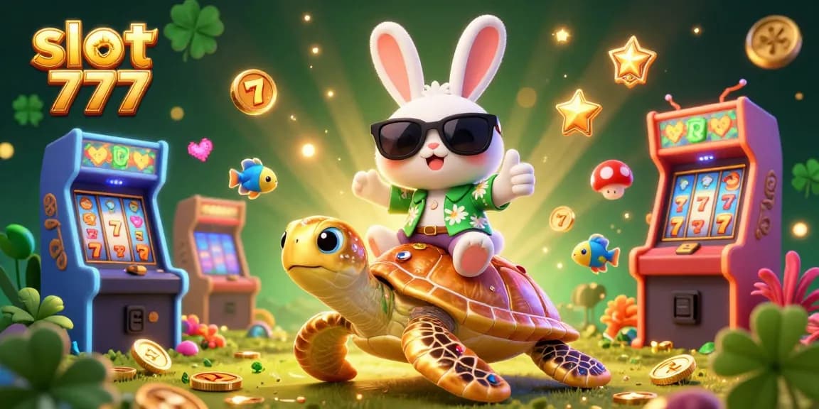 Engage with slot 777 and win as the lucky rabbit rides the golden turtle amidst vibrant game elements.