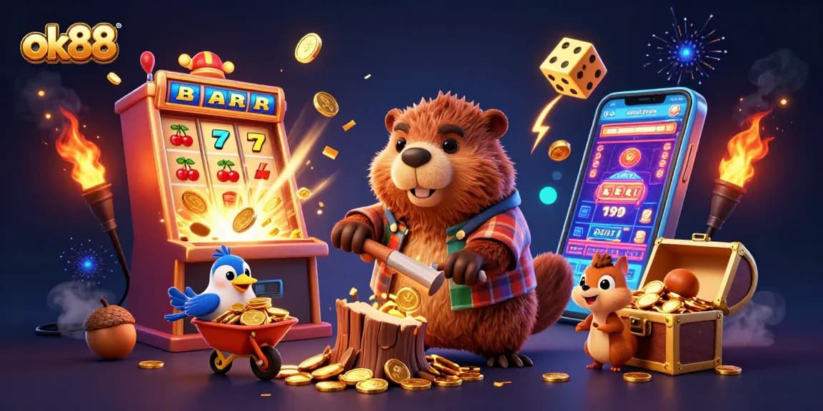 Experience the excitement of ok88 with dynamic slots and cartoon characters collecting gold!