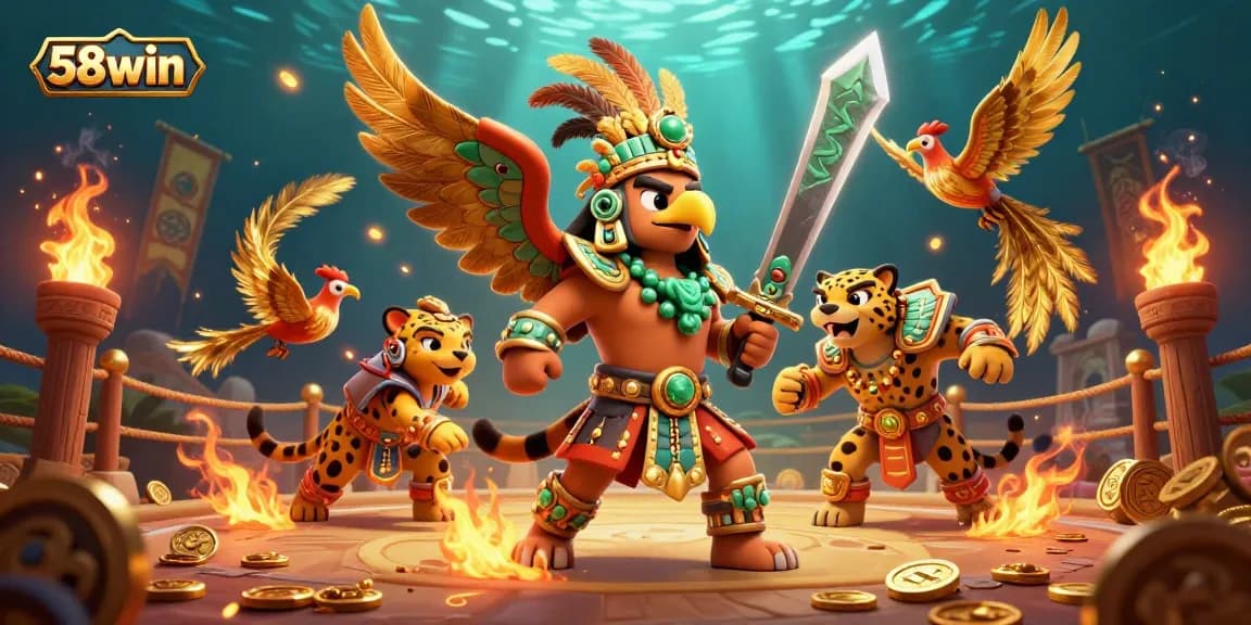 Experience thrilling moments at 58win with a lively casino scene featuring Aztec warriors and gold.