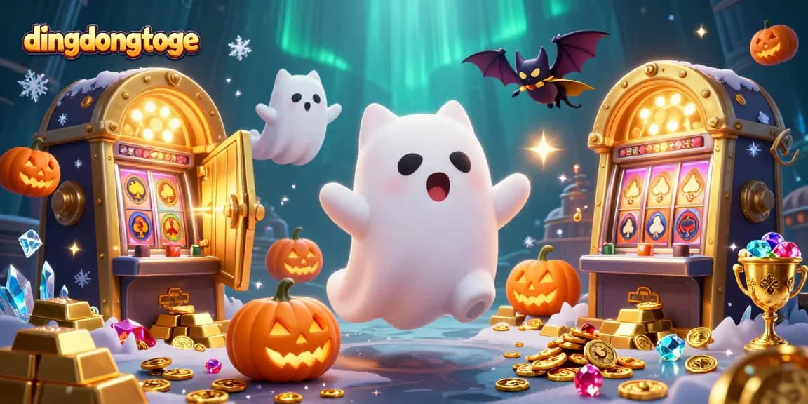 Experience thrilling games at dingdongtoge with vibrant slots and glowing treasures in a haunted casino.